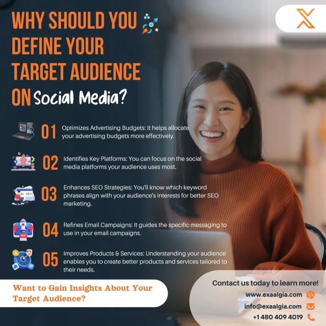 Understanding your target audience on social media is the key to unlocking the full potential of your brand! 🔍 

By defining who you’re speaking to, you can tailor your content, boost engagement, and drive conversions like never before. Want to unlock valuable insights about your audience? 📈💡 

Contact us today to learn more about how we can help you connect and grow! Follow Exaalgia for expert tips and strategies! 🚀 

#Exaalgia #TargetAudience #SocialMediaStrategy #DigitalMarketing #BusinessGrowth #BrandStrategy #EngageYourAudience