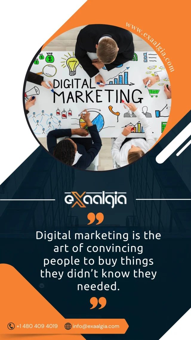 Unlock the power of persuasion with digital marketing! 🌟 

At Exaalgia, we believe in the art of connecting with your audience in ways they never imagined possible. Let us help you showcase your products and services to those who need them most, even if they don’t know it yet! 🚀 

Together, we can transform your brand's online presence and drive sales like never before. Ready to elevate your marketing game? Let’s chat! 💬 

#Exaalgia #DigitalMarketing #BrandGrowth #ContentCreation #BrandAwareness #CustomerEngagement #SocialMedia #SEO #Ecommerce #Innovation #MarketingStrategy #BusinessSuccess