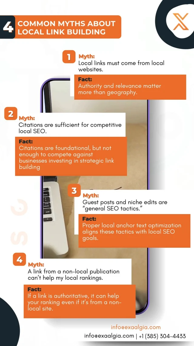 Debunking Local Link Building Myths! 🌍 

At Exaalgia, we believe that authority and relevance outweigh geography when it comes to links! Don’t settle for just citations—strategic link building is key to outpacing your competition. 💪✨ 

Whether it’s guest posts or niche edits, aligning your tactics with local SEO goals can make all the difference! Remember, even non-local links from authoritative sites can boost your rankings! 💼✨

Let’s embrace the facts and elevate your local SEO strategies! 💪

#Exaalgia #LocalSEO #LinkBuilding #SEO #DigitalMarketing #Citations #GuestPosting #NicheEdits #MarketingMyths #SearchEngineOptimization